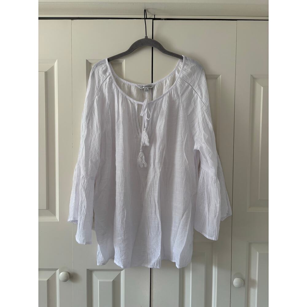 Counterparts White Peasant Blouse Women XL Boho Tie Neck Bell Sleeve Tunic Top - Picture 2 of 9